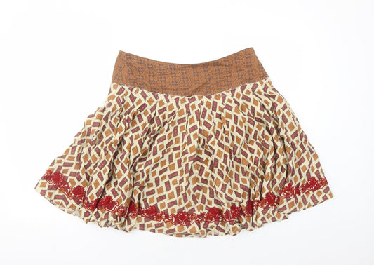 Topshop Womens Brown Geometric Cotton Swing Skirt Size 10 Button - Embroidered Detail