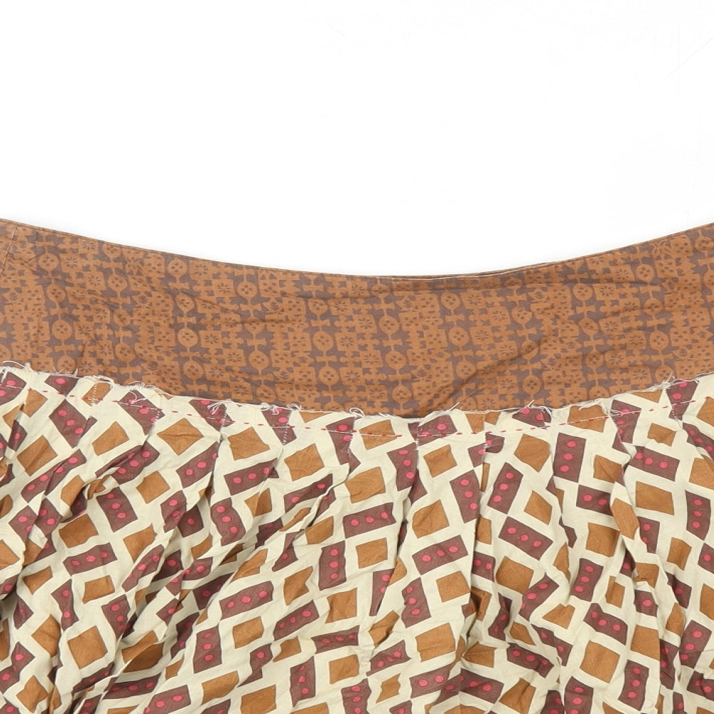 Topshop Womens Brown Geometric Cotton Swing Skirt Size 10 Button - Embroidered Detail