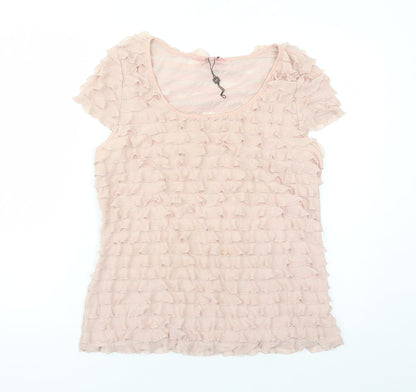 Phase Eight Womens Beige Polyester Basic T-Shirt Size 16 Round Neck - Ruffles
