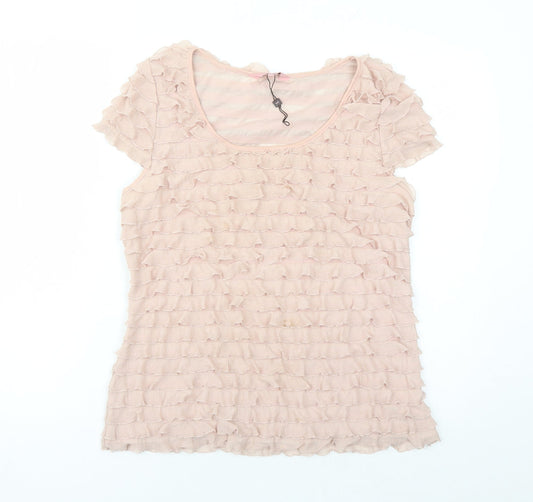 Phase Eight Womens Beige Polyester Basic T-Shirt Size 16 Round Neck - Ruffles