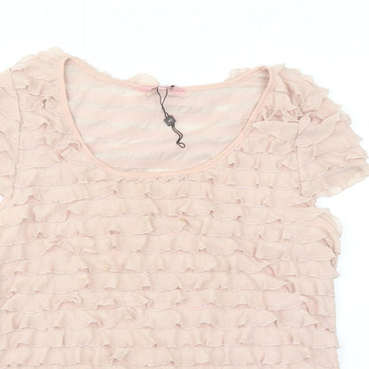 Phase Eight Womens Beige Polyester Basic T-Shirt Size 16 Round Neck - Ruffles