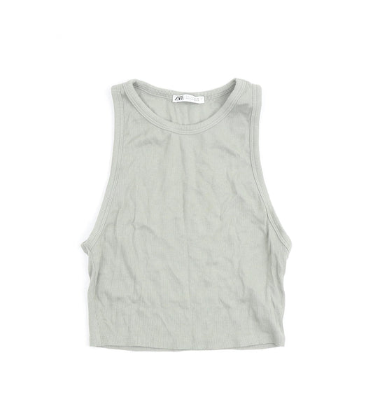 Zara Womens Green Cotton Basic Tank Size L Roll Neck