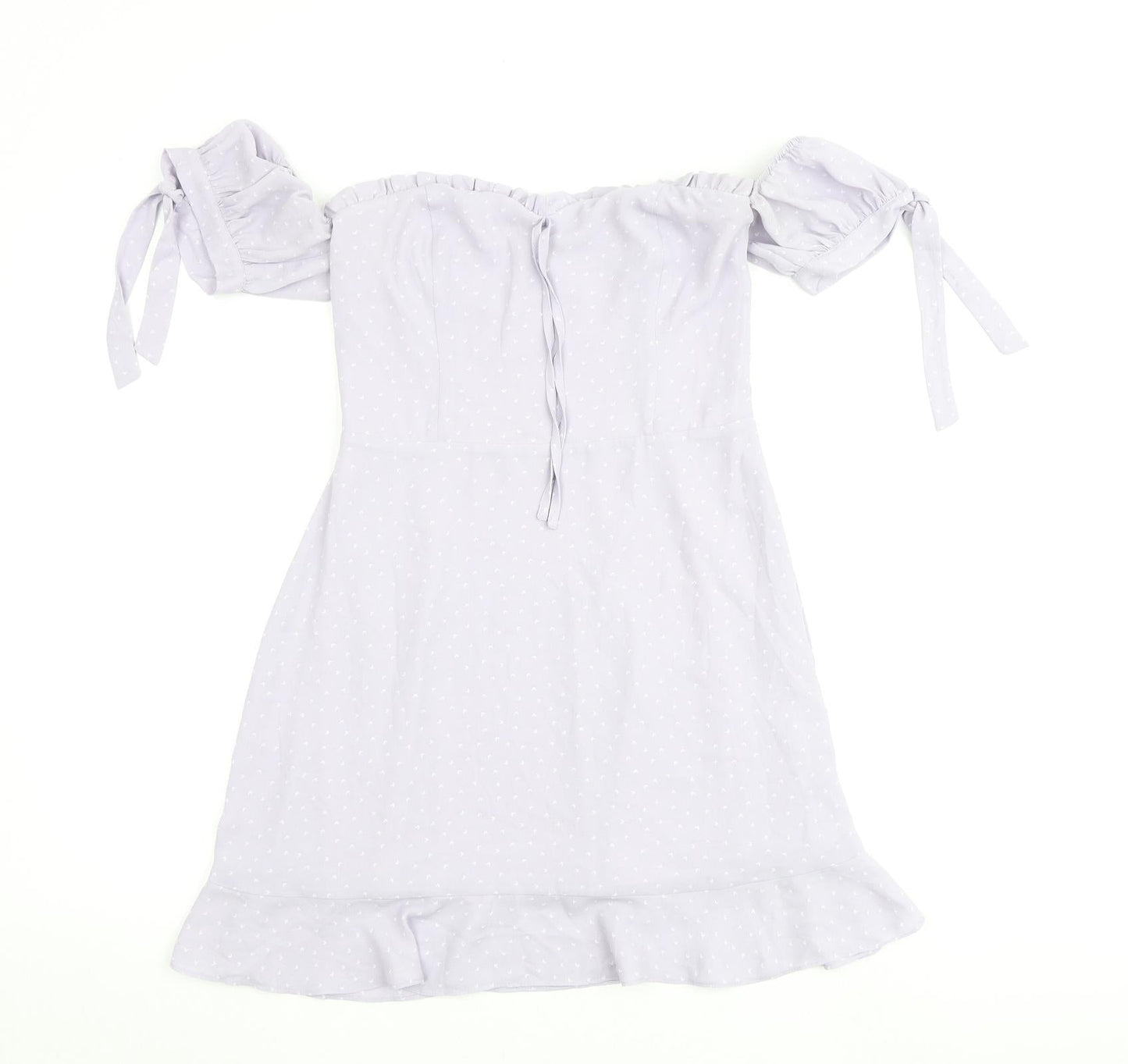 Nakd Womens Purple Polka Dot Polyester A-Line Size 8 Off the Shoulder Tie