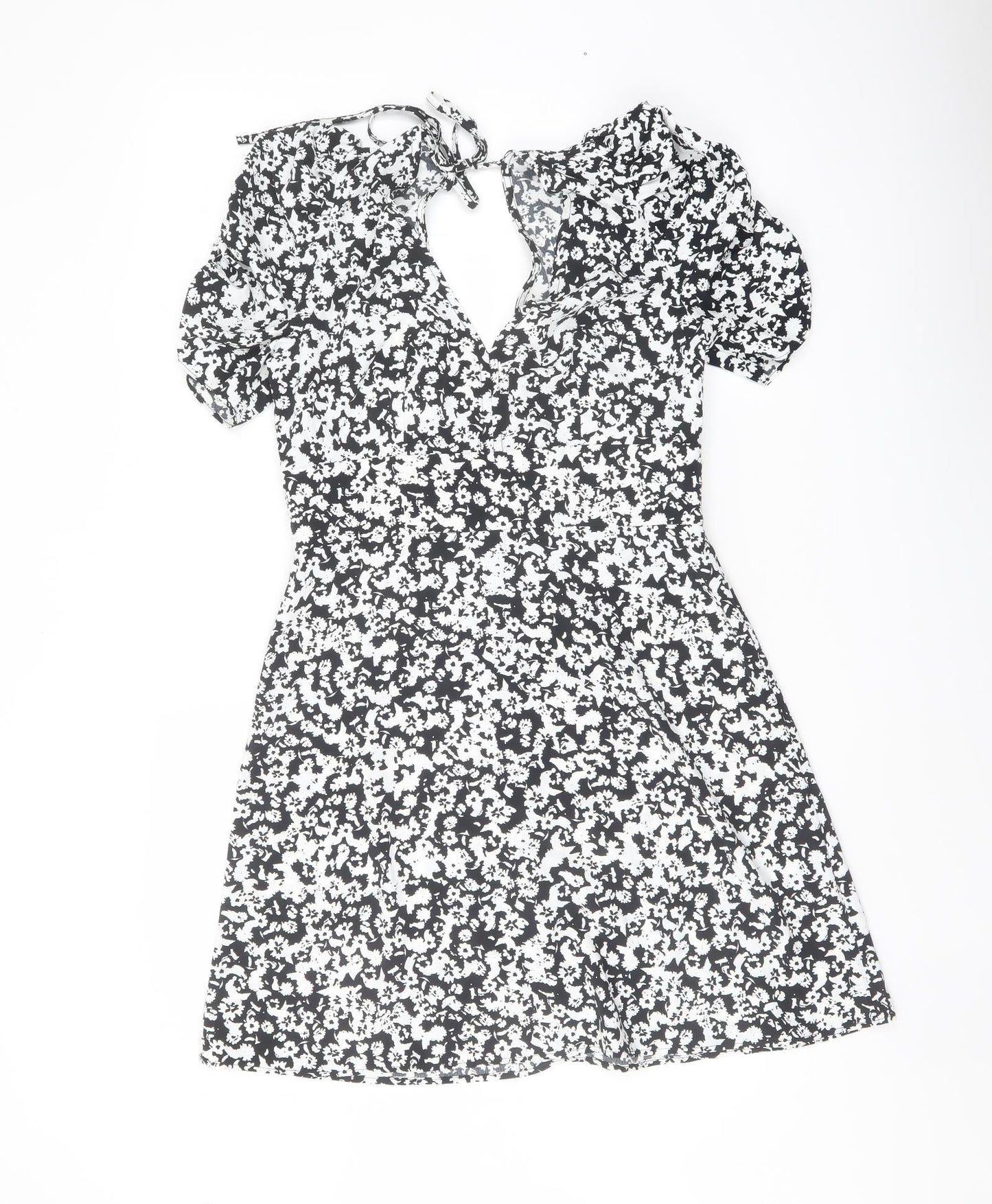 Topshop Womens Black Geometric Polyester A-Line Size 10 V-Neck Tie