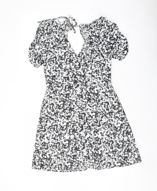 Topshop Womens Black Geometric Polyester A-Line Size 10 V-Neck Tie