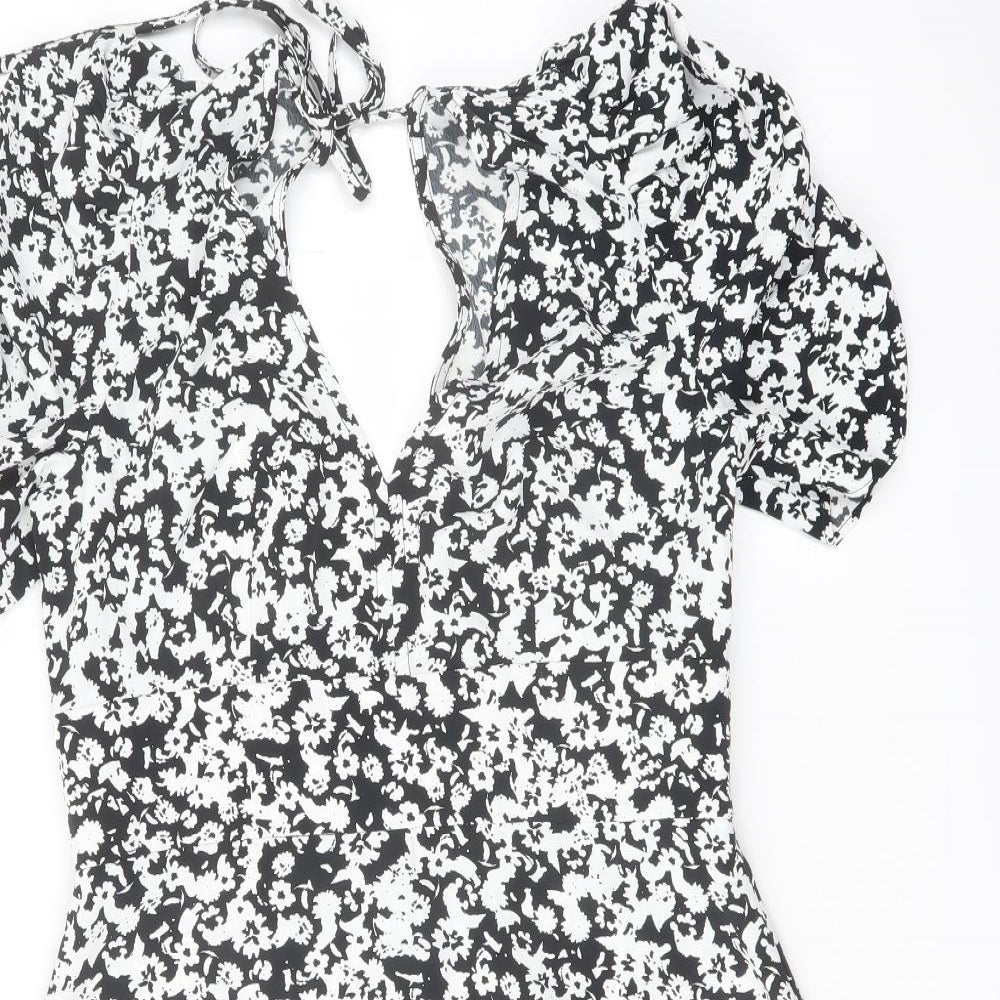 Topshop Womens Black Geometric Polyester A-Line Size 10 V-Neck Tie