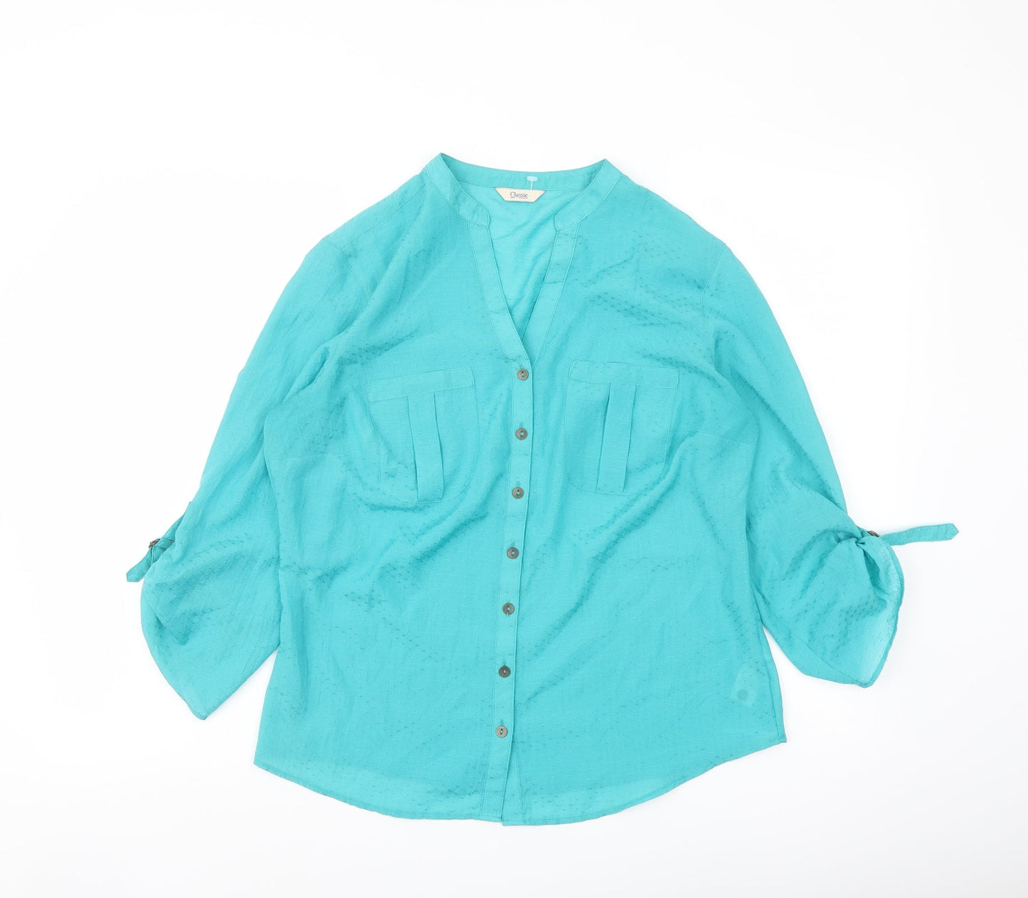 Marks and Spencer Womens Green Polyester Basic Button-Up Size 12 V-Neck