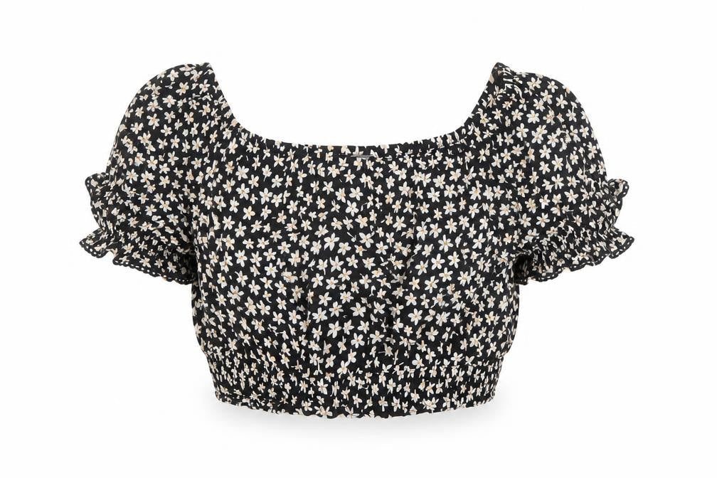 Miss Selfridge Womens Black Floral Polyester Cropped Blouse Size 10 Off the Shoulder