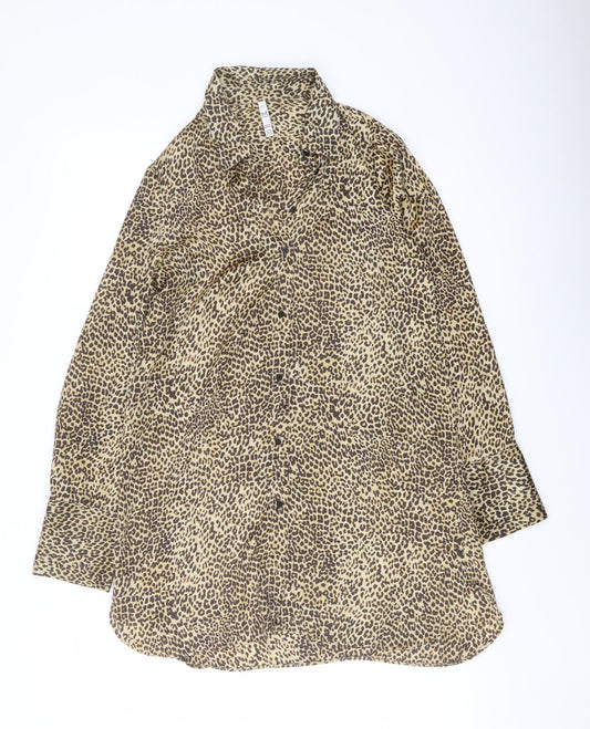 Zara Womens Brown Animal Print Polyester Tunic Button-Up Size XS Collared