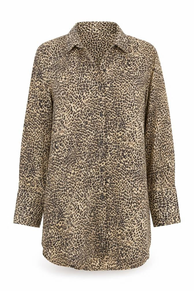 Zara Womens Brown Animal Print Polyester Tunic Button-Up Size XS Collared