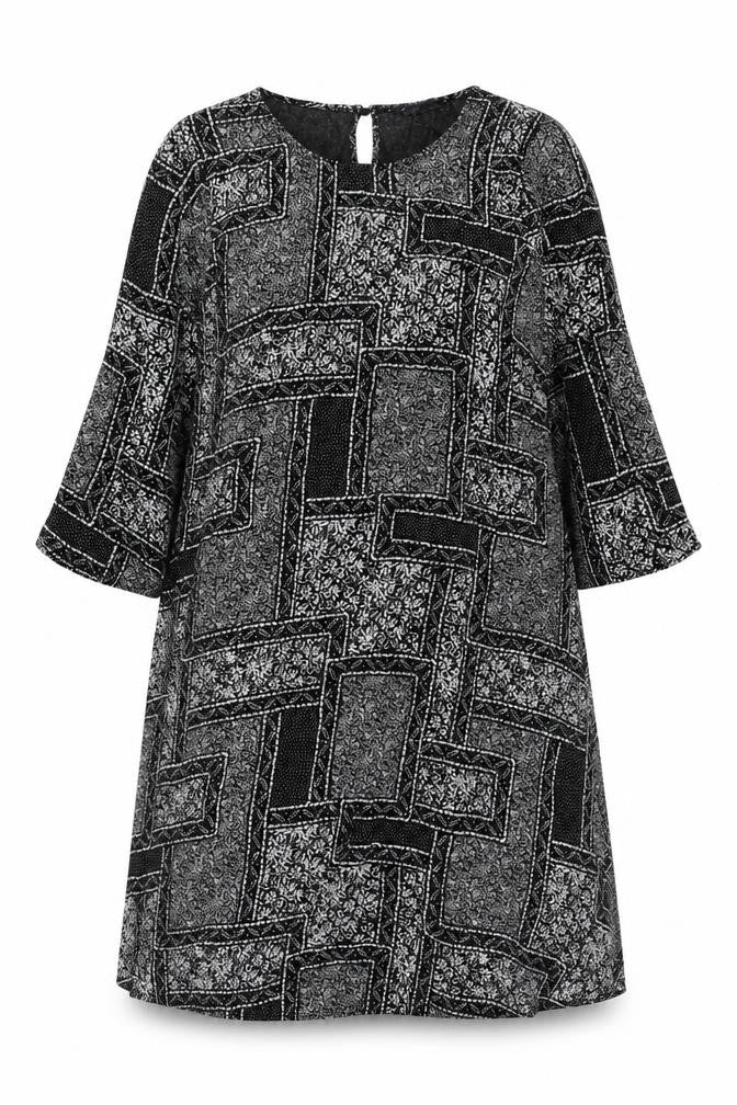 Marks & Spencer Womens Black Geometric Viscose A-Line Size 14 Round Neck Button