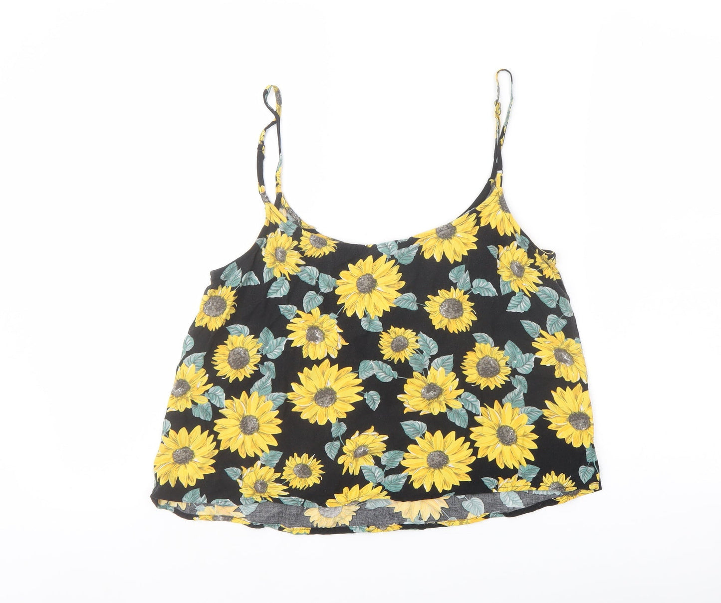 H&M Womens Black Floral Viscose Cropped T-Shirt Size 12 Square Neck