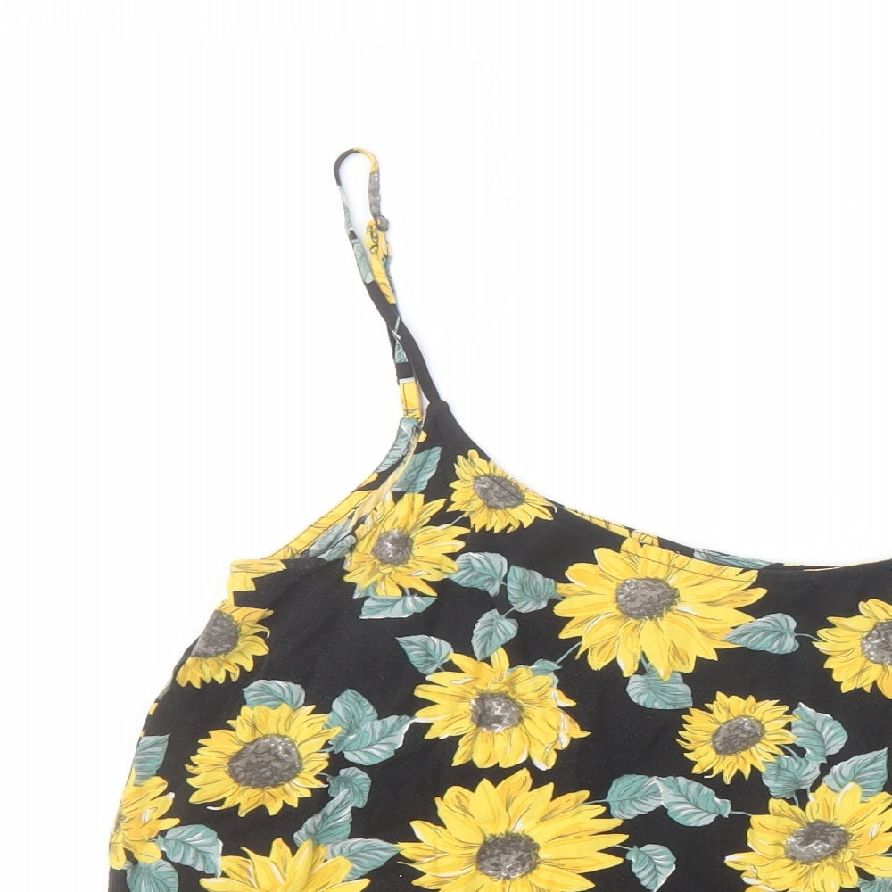H&M Womens Black Floral Viscose Cropped T-Shirt Size 12 Square Neck
