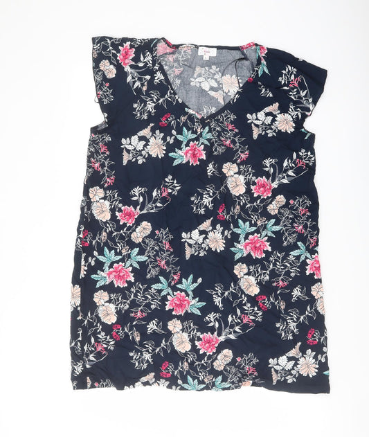 Klass Womens Blue Floral Viscose Basic Blouse Size L V-Neck