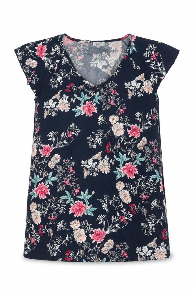 Klass Womens Blue Floral Viscose Basic Blouse Size L V-Neck