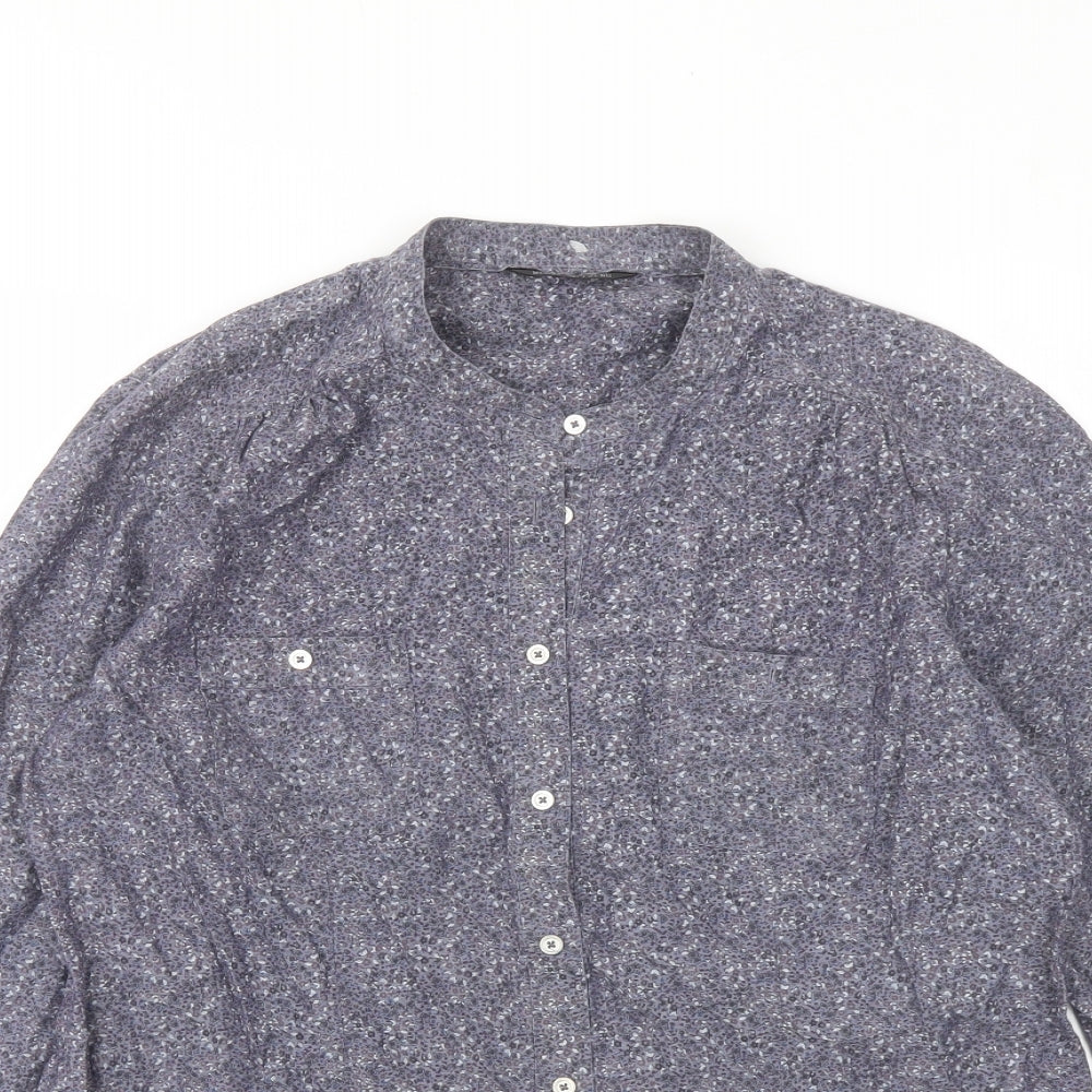 Marks and Spencer Womens Grey Geometric Cotton Basic Button-Up Size 12 Round Neck