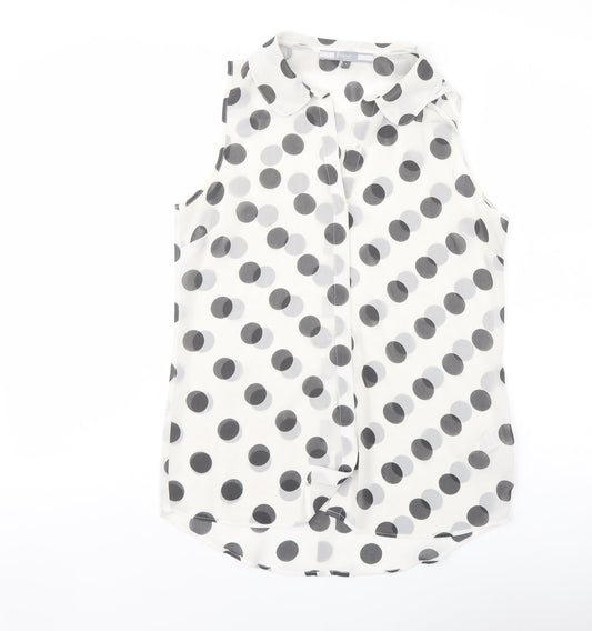 NEXT Womens White Polka Dot Polyester Basic Button-Up Size 8 Collared