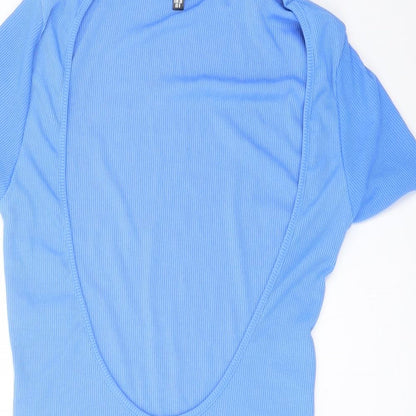 Close-up detail of Missguided women’s blue polyester mini, size UK 10, scoop neck pullover