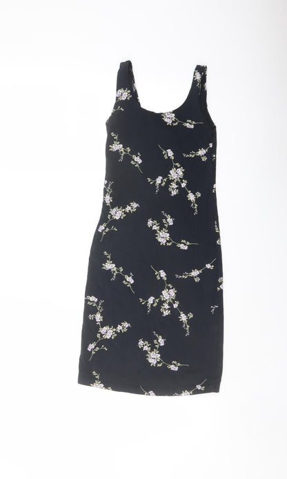 Additional front view of Miss Selfridge women’s blue floral cotton mini, size UK 6, round neck pullover