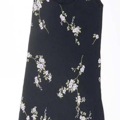 Brand and care label for Miss Selfridge women’s blue floral cotton mini, size UK 6, round neck pullover