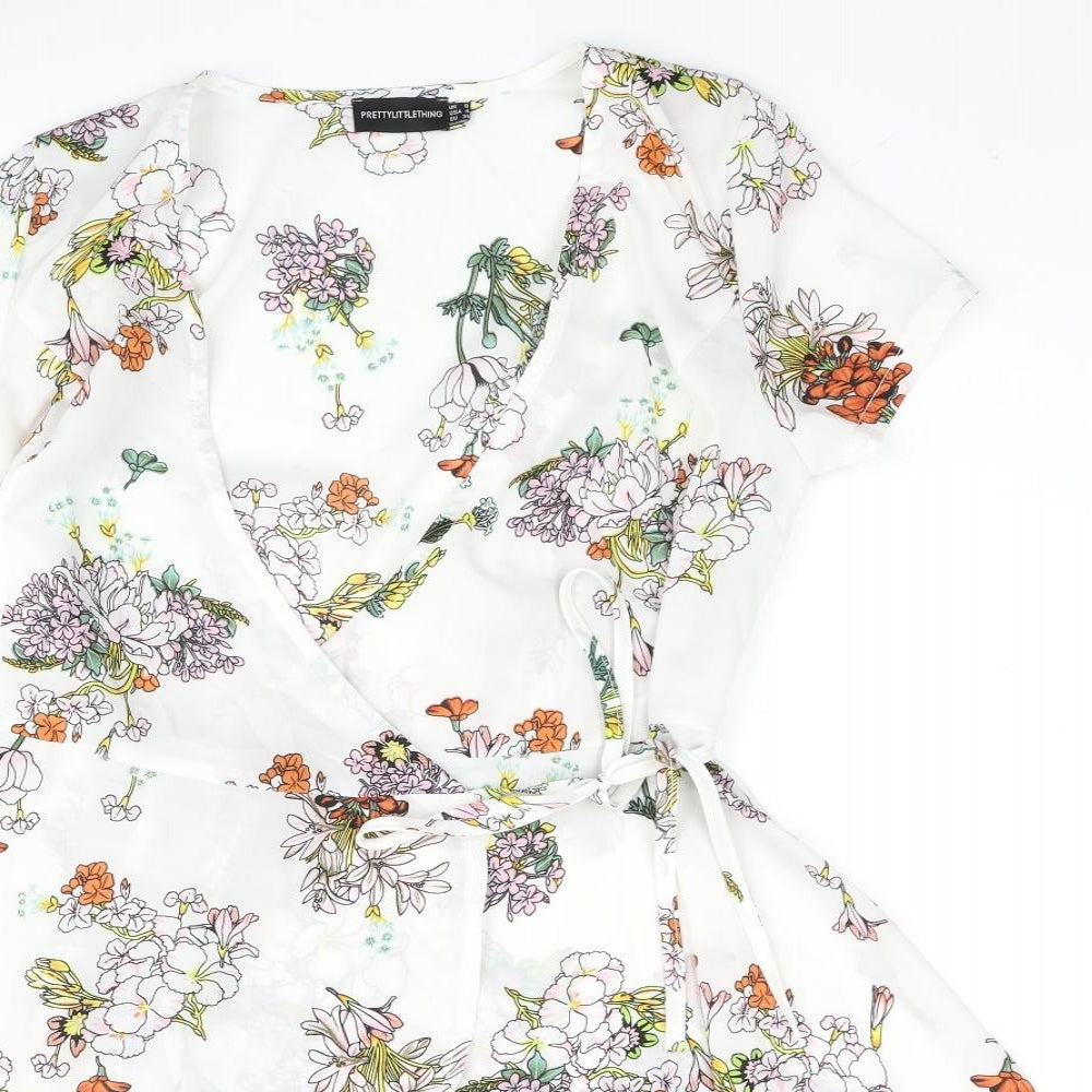 PRETTYLITTLETHING Womens White Floral Polyester Wrap Dress Size 8 V-Neck Tie