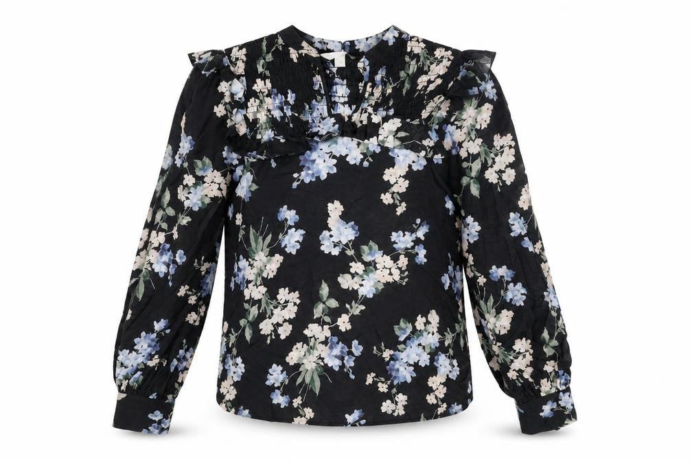 H&M Womens Black Floral Viscose Basic Blouse Size XS V-Neck - Rouched Frill