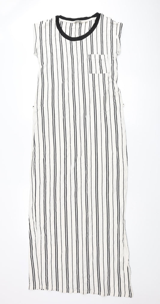 Garcia Womens Ivory Striped Cotton Maxi Size M Round Neck Pullover - Pocket Side Slits