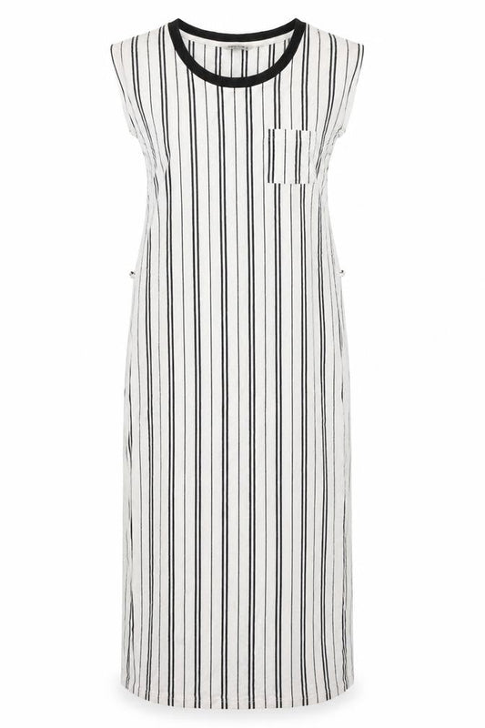 Garcia Womens Ivory Striped Cotton Maxi Size M Round Neck Pullover - Pocket Side Slits