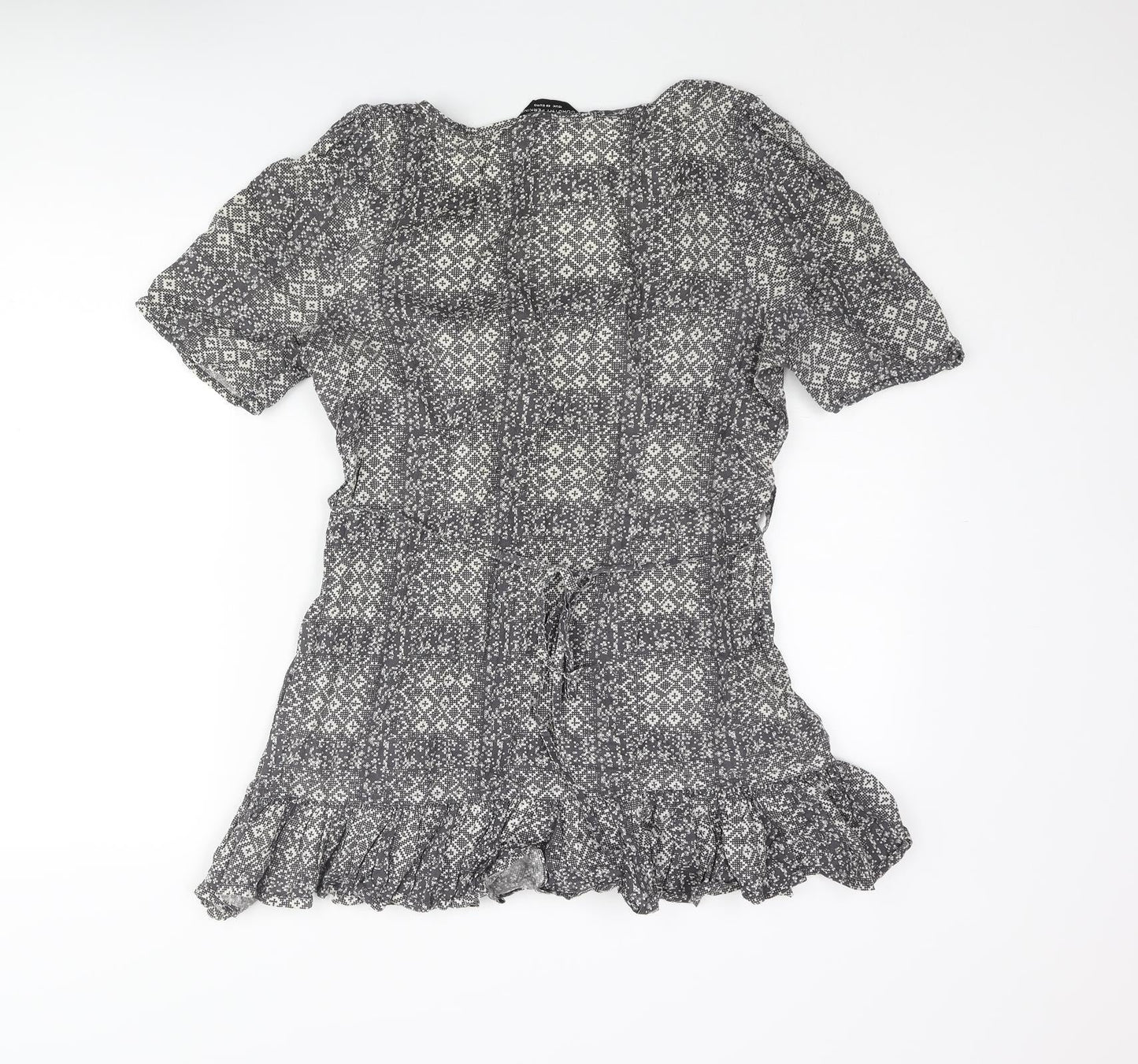 Dorothy Perkins Womens Grey Geometric Cotton Basic Blouse Size 12 Off the Shoulder - Belted Frill