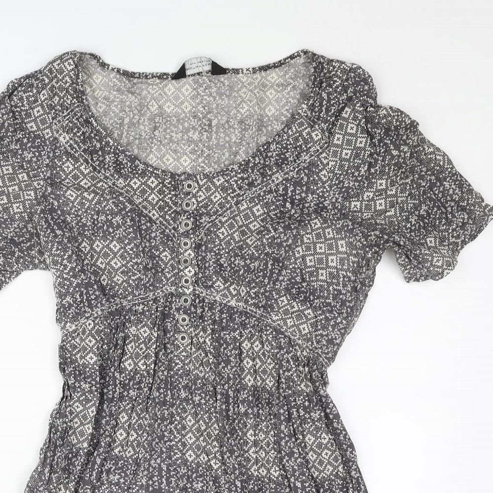 Dorothy Perkins Womens Grey Geometric Cotton Basic Blouse Size 12 Off the Shoulder - Belted Frill
