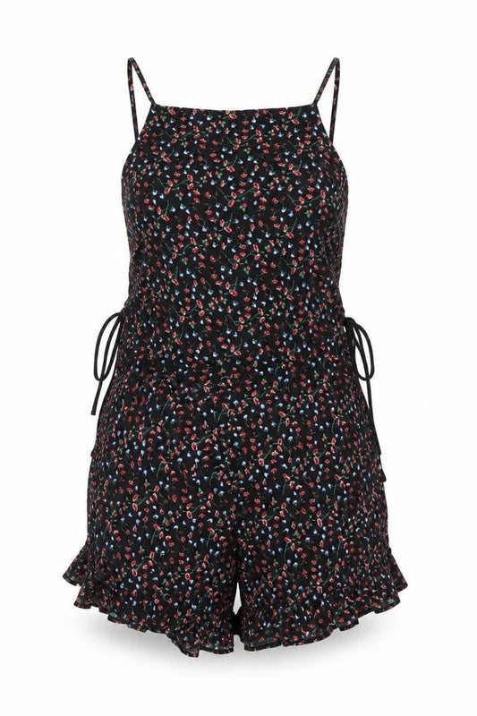 Topshop Womens Black Floral Vinyl Playsuit One-Piece Size 10 Zip - Lace Up Tie Frill