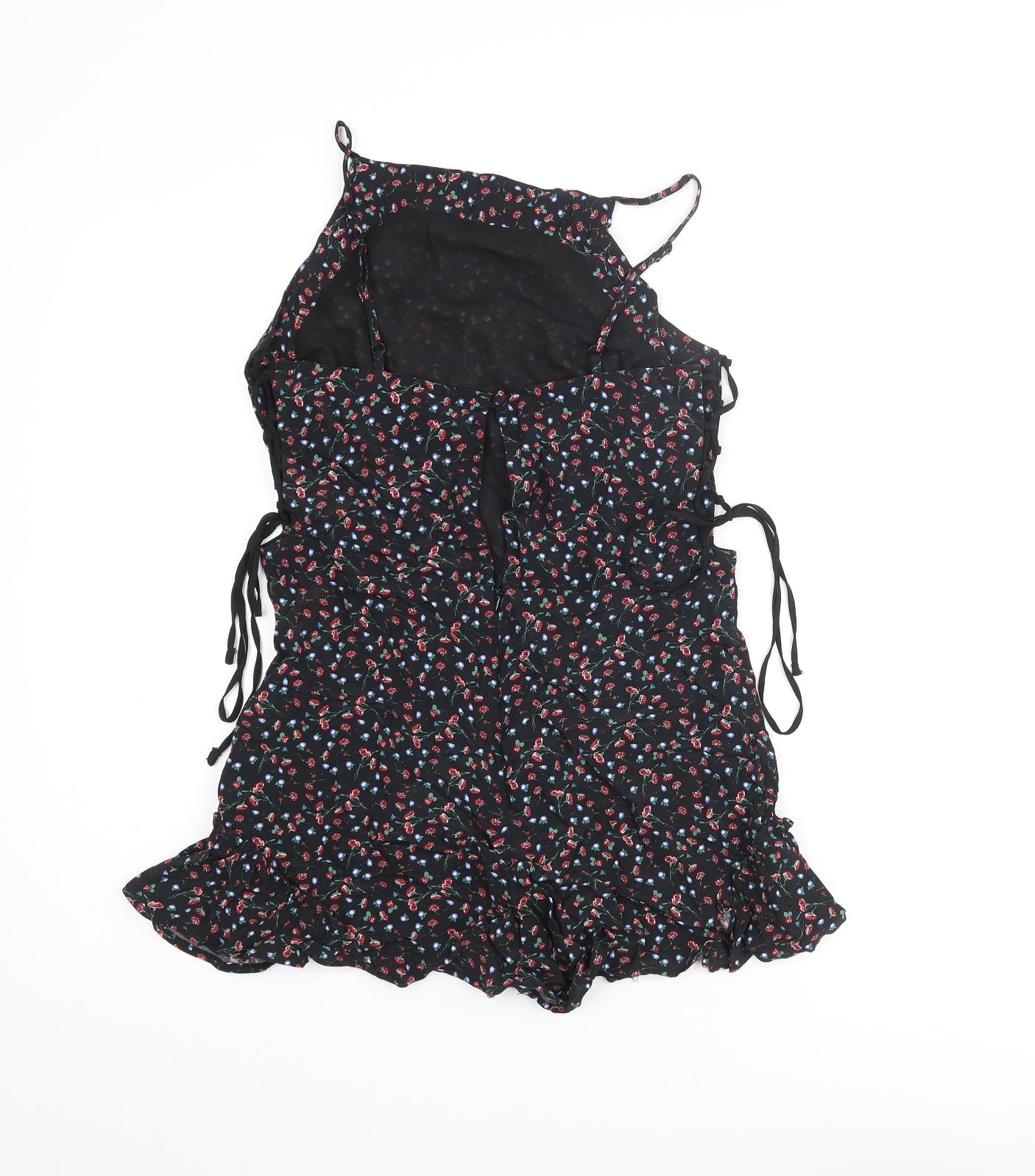 Topshop Womens Black Floral Vinyl Playsuit One-Piece Size 10 Zip - Lace Up Tie Frill