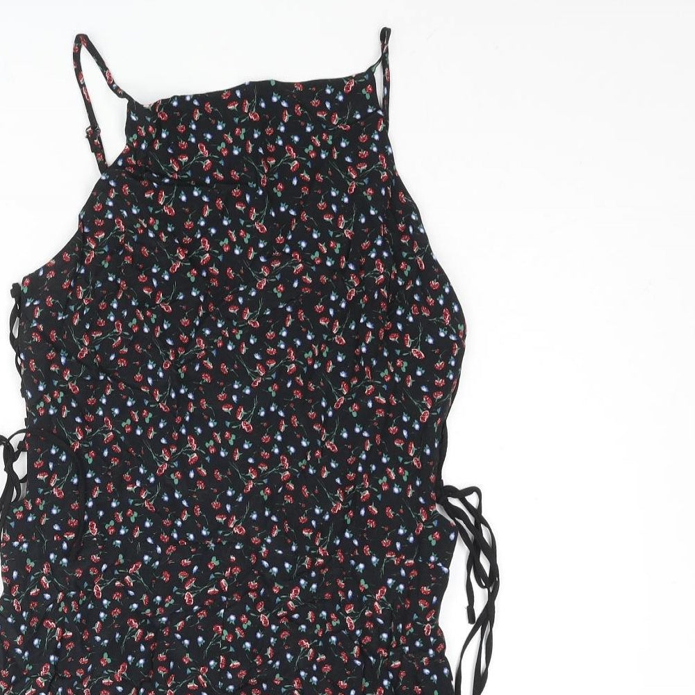 Topshop Womens Black Floral Vinyl Playsuit One-Piece Size 10 Zip - Lace Up Tie Frill