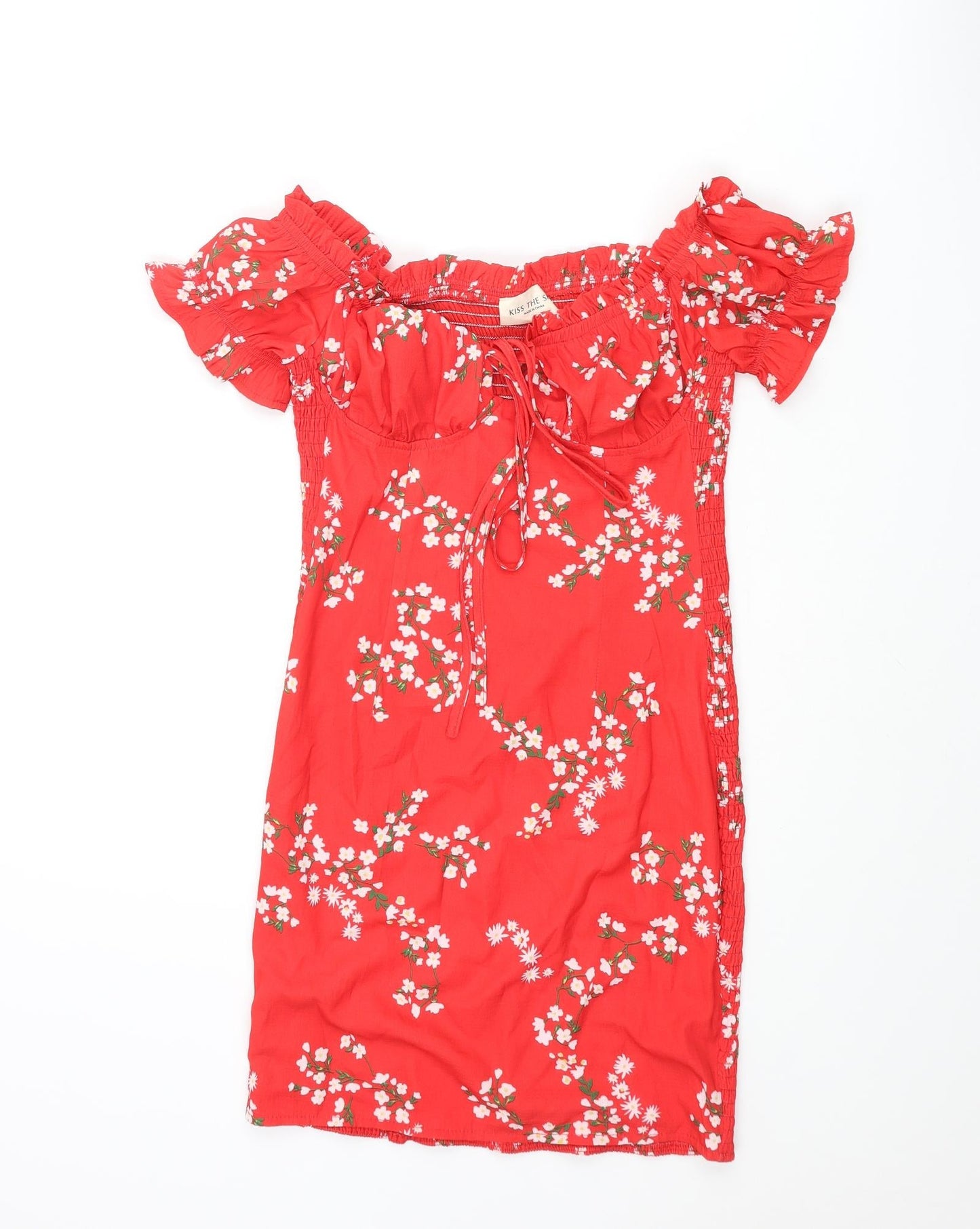 Kiss the Sky Womens Red Floral Polyester Mini Size M Sweetheart Tie - Rouched Frill