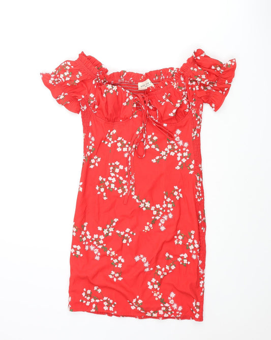 Kiss the Sky Womens Red Floral Polyester Mini Size M Sweetheart Tie - Rouched Frill