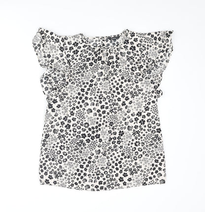 Additional front view of Roman women’s ivory floral polyester basic blouse, size UK 10, roll neck - frill