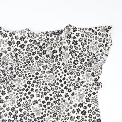 Close-up detail of Roman women’s ivory floral polyester basic blouse, size UK 10, roll neck - frill