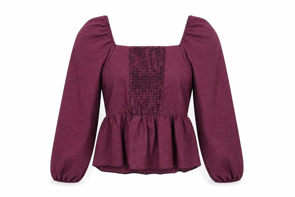 New Look Womens Purple Plaid Polyester Basic Blouse Size 12 Square Neck - Shirred Bust, Balloon Sleeves