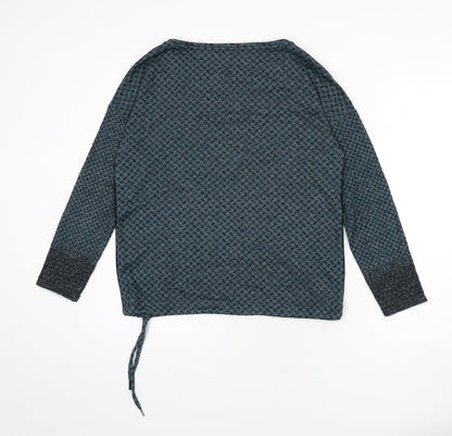 Back view of Cecil women’s blue boat neck geometric viscose jumper, size S, - drawstring waist, tie