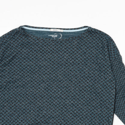Close-up detail of Cecil women’s blue boat neck geometric viscose jumper, size S, - drawstring waist, tie