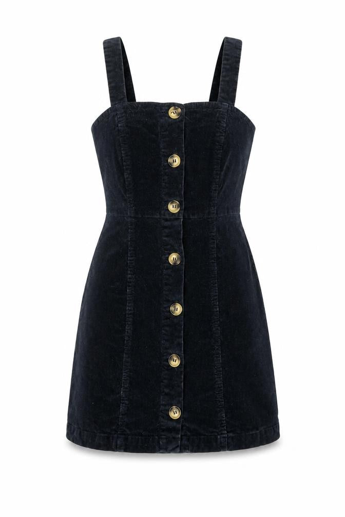 Denim & Co. Womens Black Cotton Pinafore/Dungaree Dress Size 6 Square Neck Button