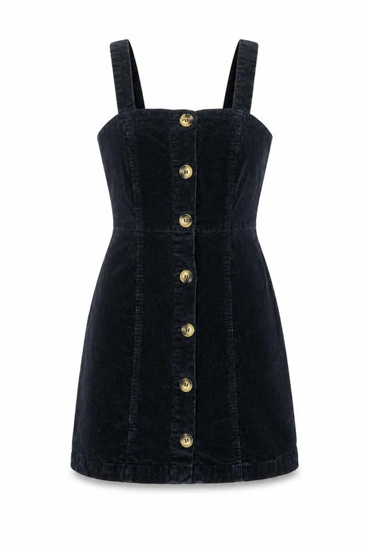 Denim & Co. Womens Black Cotton Pinafore/Dungaree Dress Size 6 Square Neck Button