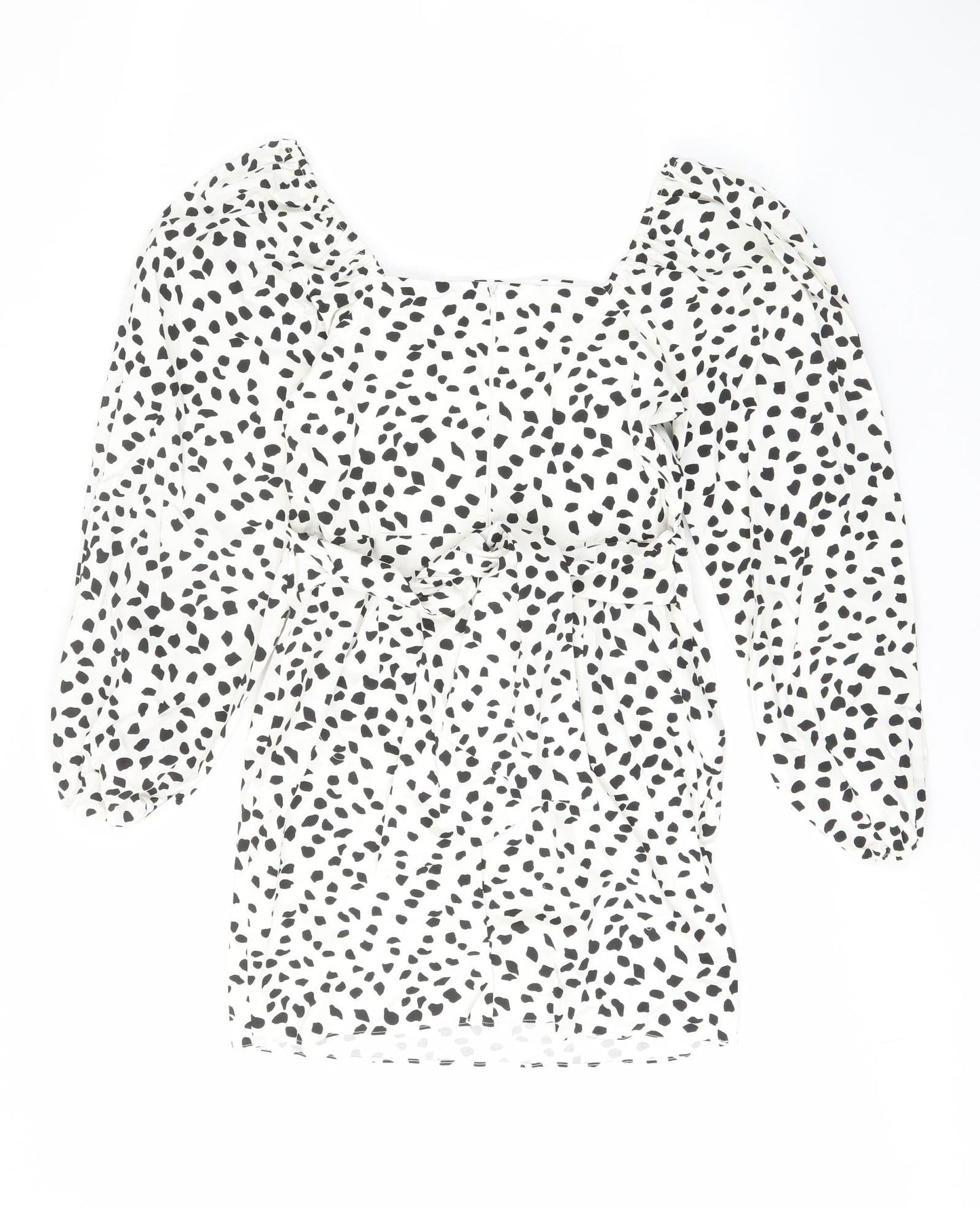 River Island Womens White Geometric Cotton A-Line Size 12 Square Neck Zip - Belted