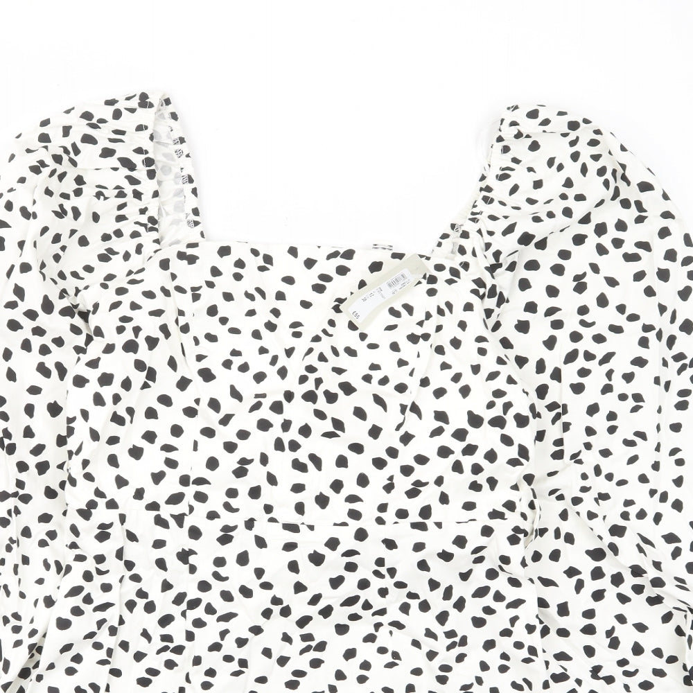 River Island Womens White Geometric Cotton A-Line Size 12 Square Neck Zip - Belted