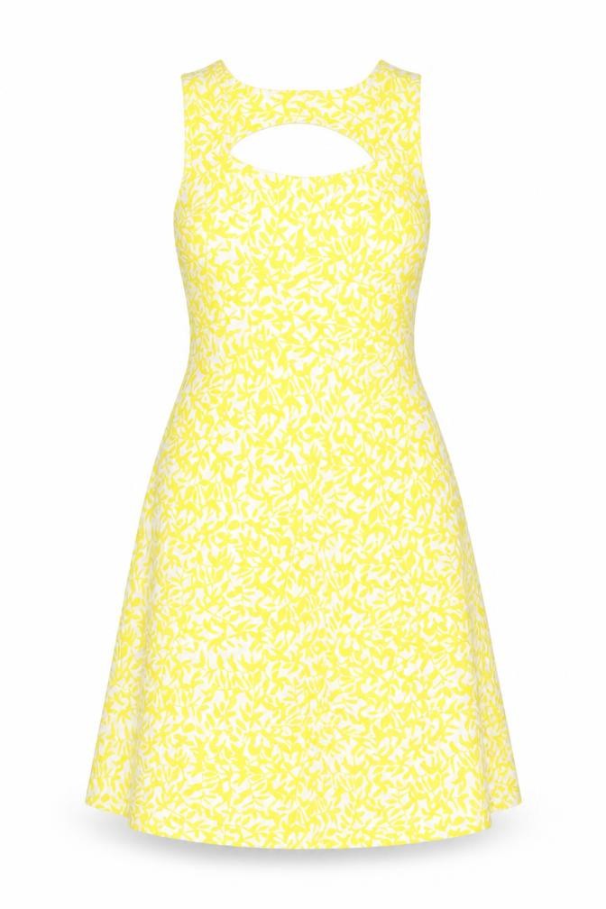M&Co Womens Yellow Geometric Polyester Fit & Flare Size 10 Square Neck Zip