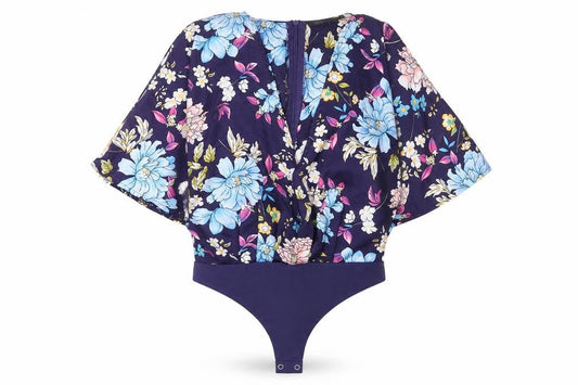 Naanaa Womens Blue Floral Polyester Bodysuit One-Piece Size 10 Zip
