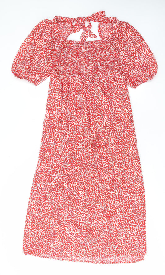 Lola May Womens Red Floral Polyester A-Line Size M Square Neck Tie - Pleated