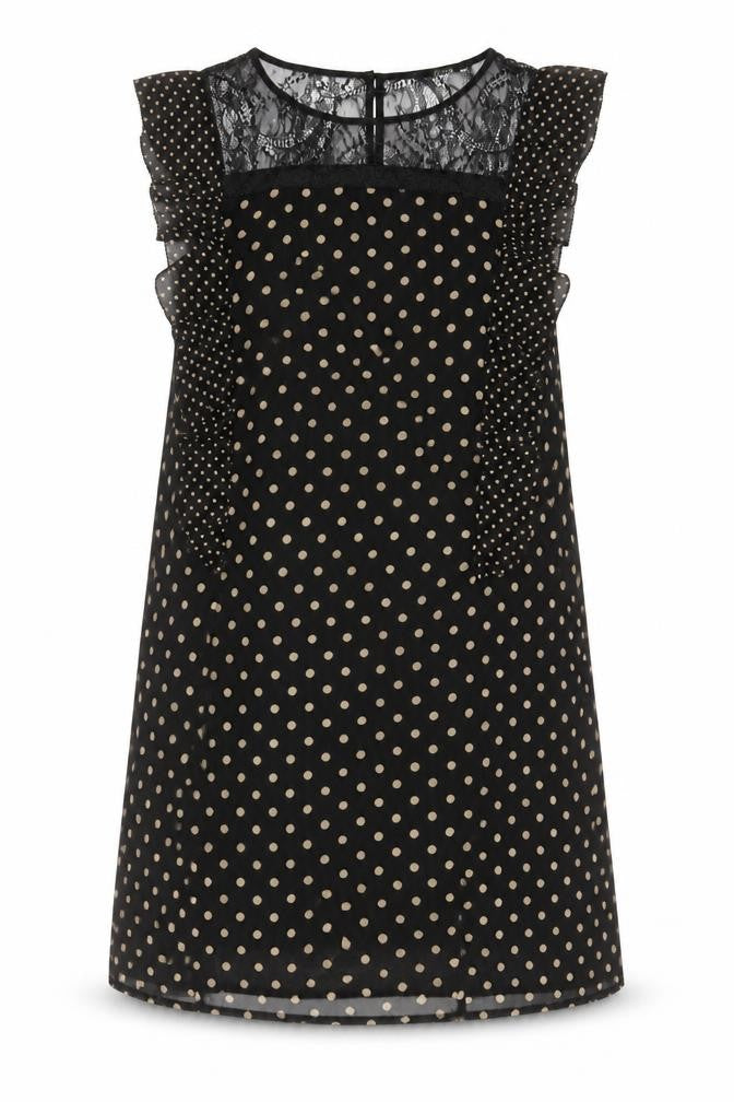 Oasis Womens Black Polka Dot Polyester A-Line Size 10 Boat Neck Button - Lace, Frill