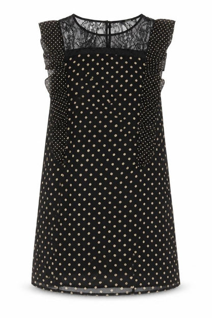 Oasis Womens Black Polka Dot Polyester A-Line Size 10 Boat Neck Button - Lace, Frill