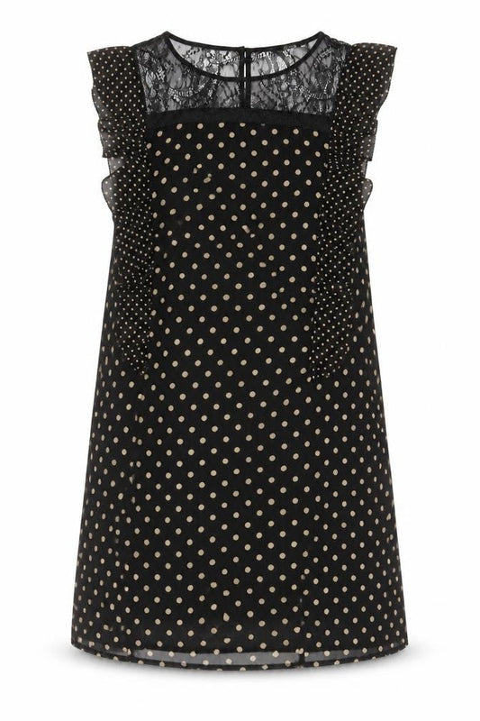Oasis Womens Black Polka Dot Polyester A-Line Size 10 Boat Neck Button - Lace, Frill